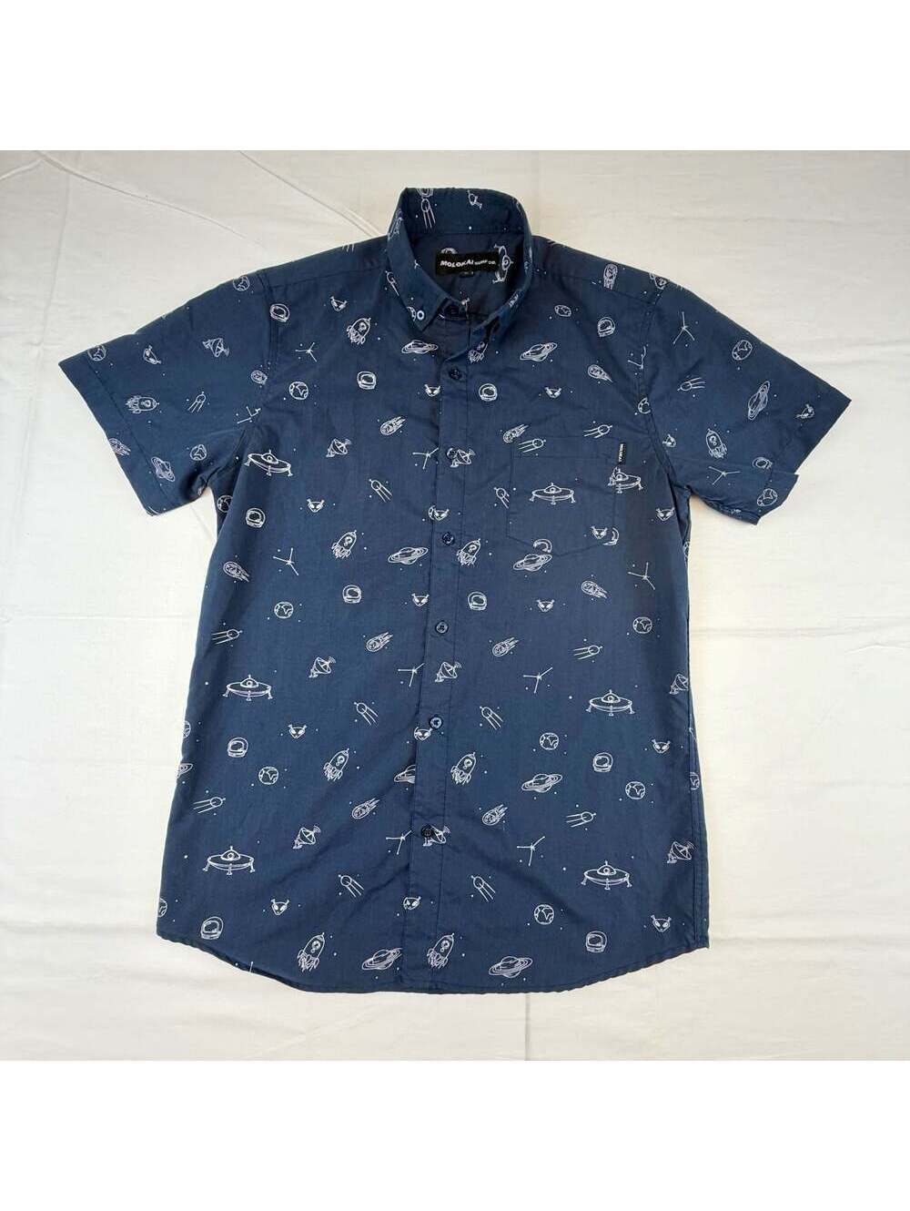 Molokai Surf Co. Men's Short Sleeve Button-Up Shirt Space Print Navy Medium